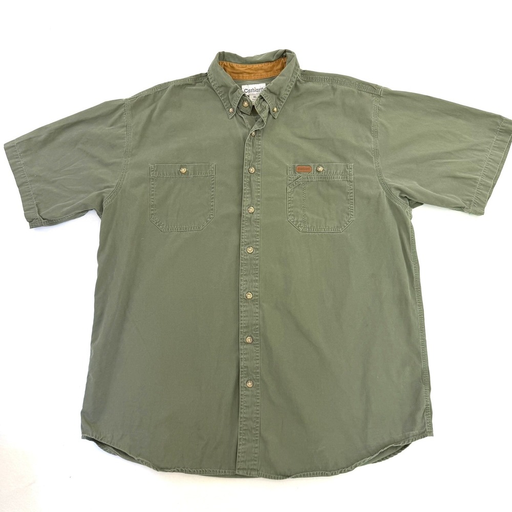 Carhartt Mens XLTall Olive Green Short Sleeve Button Down Work Shirt Vintage Y2K